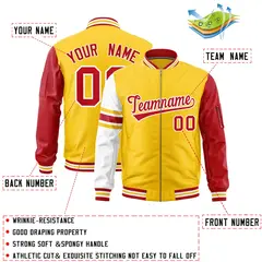 Gold Red-White Varsity Full-Zip Raglan Stripe Letterman Bomber Jacket 2