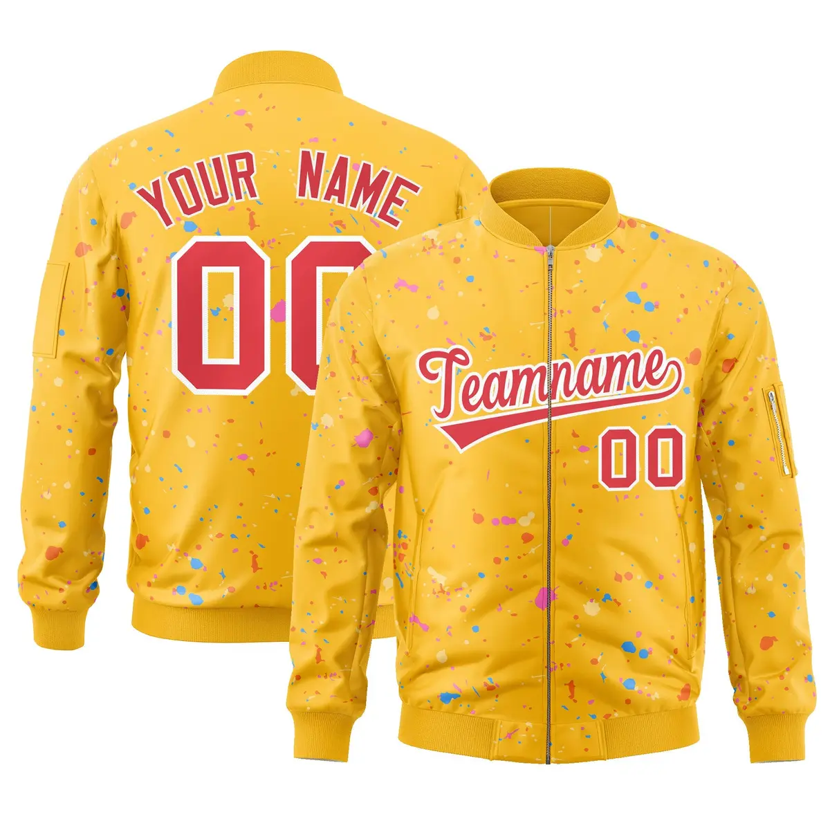 Gold Red-White Varsity Full-Zip Splash Graffiti Letterman Jacket