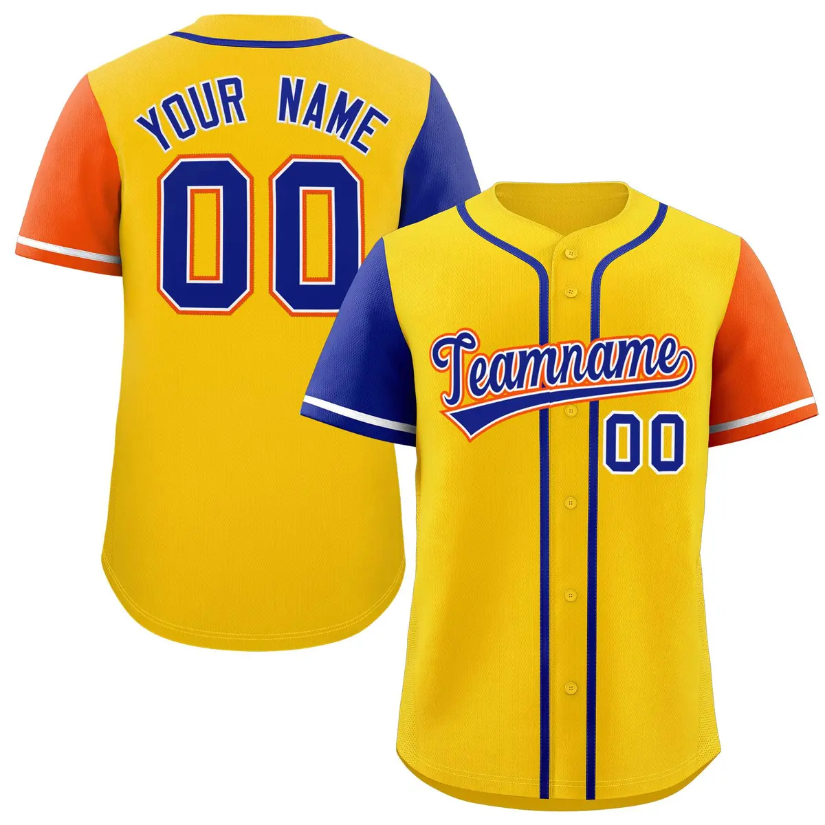 Gold Royal and Orange Raglan Sleeves Baseball Jersey
