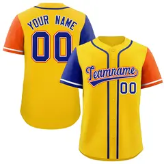 Gold Royal and Orange Raglan Sleeves Baseball Jersey 1