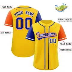 Gold Royal and Orange Raglan Sleeves Baseball Jersey 2
