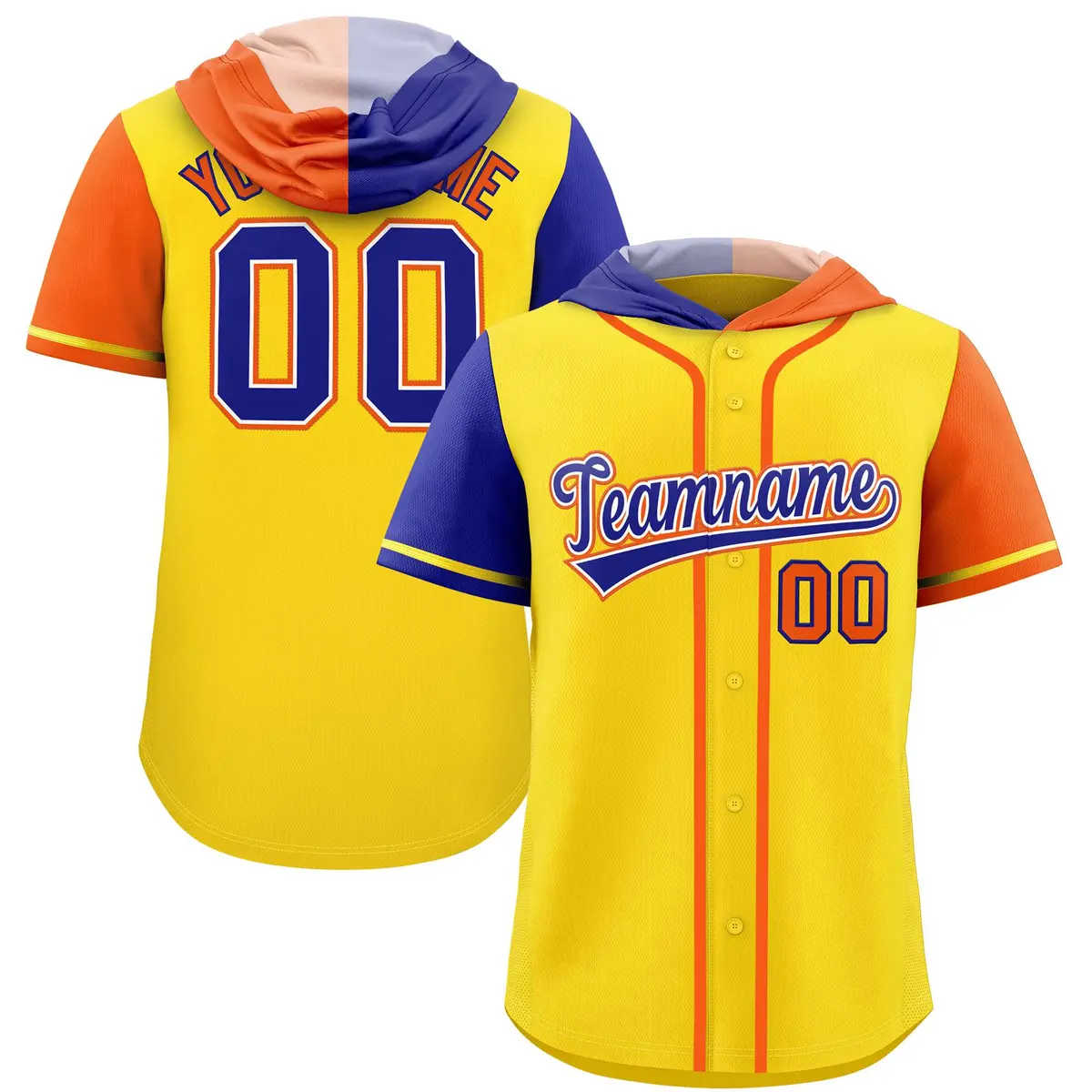 Gold Royal and Orange Split Raglan Baseball Hoodie Jersey