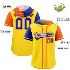 Gold Royal and Orange Split Raglan Baseball Hoodie Jersey 2