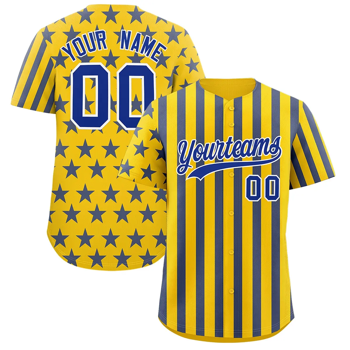 Gold Royal Blue American Flag Graffiti Baseball Jersey