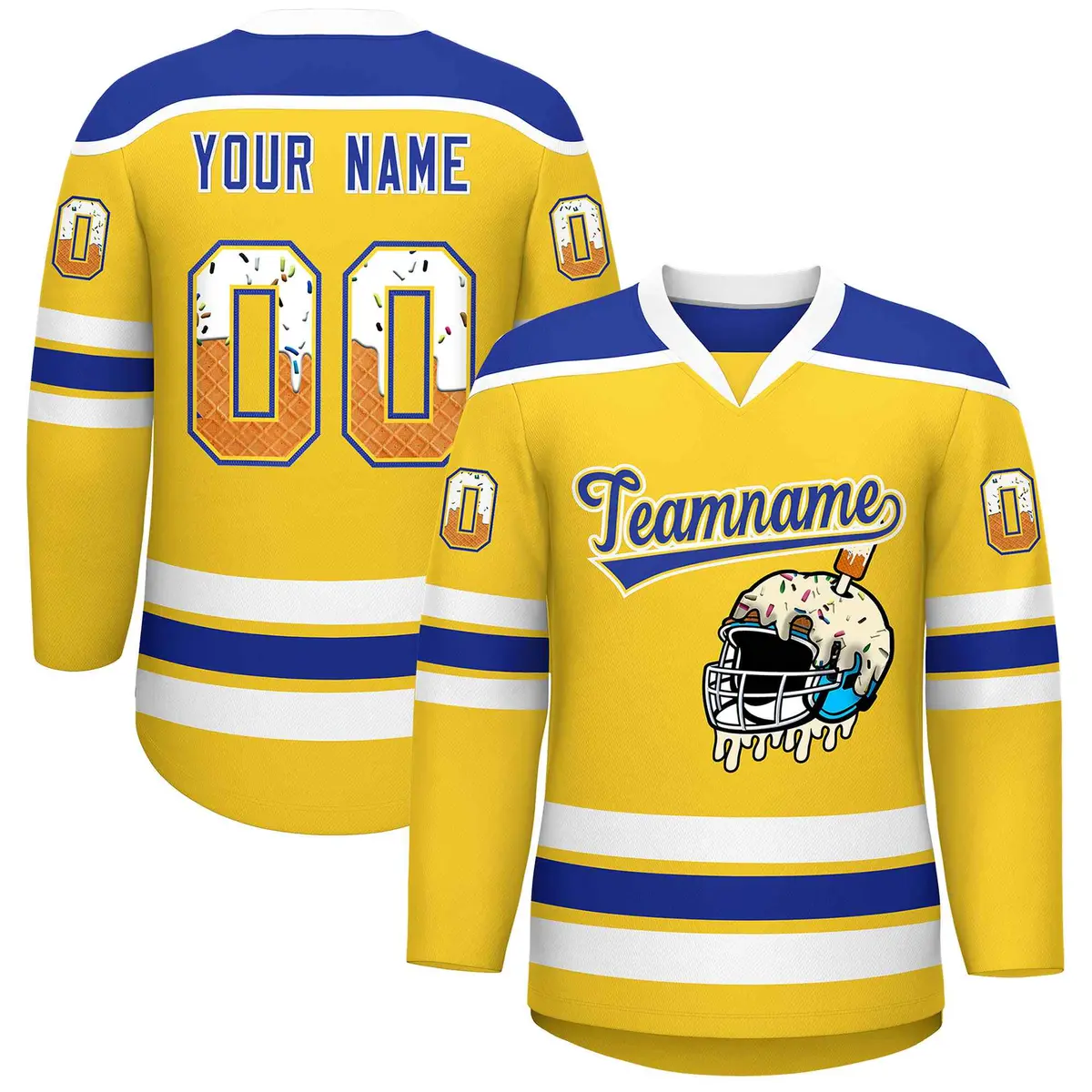 Gold Royal Blue Ice Cream Helmet Pattern Hockey Jersey