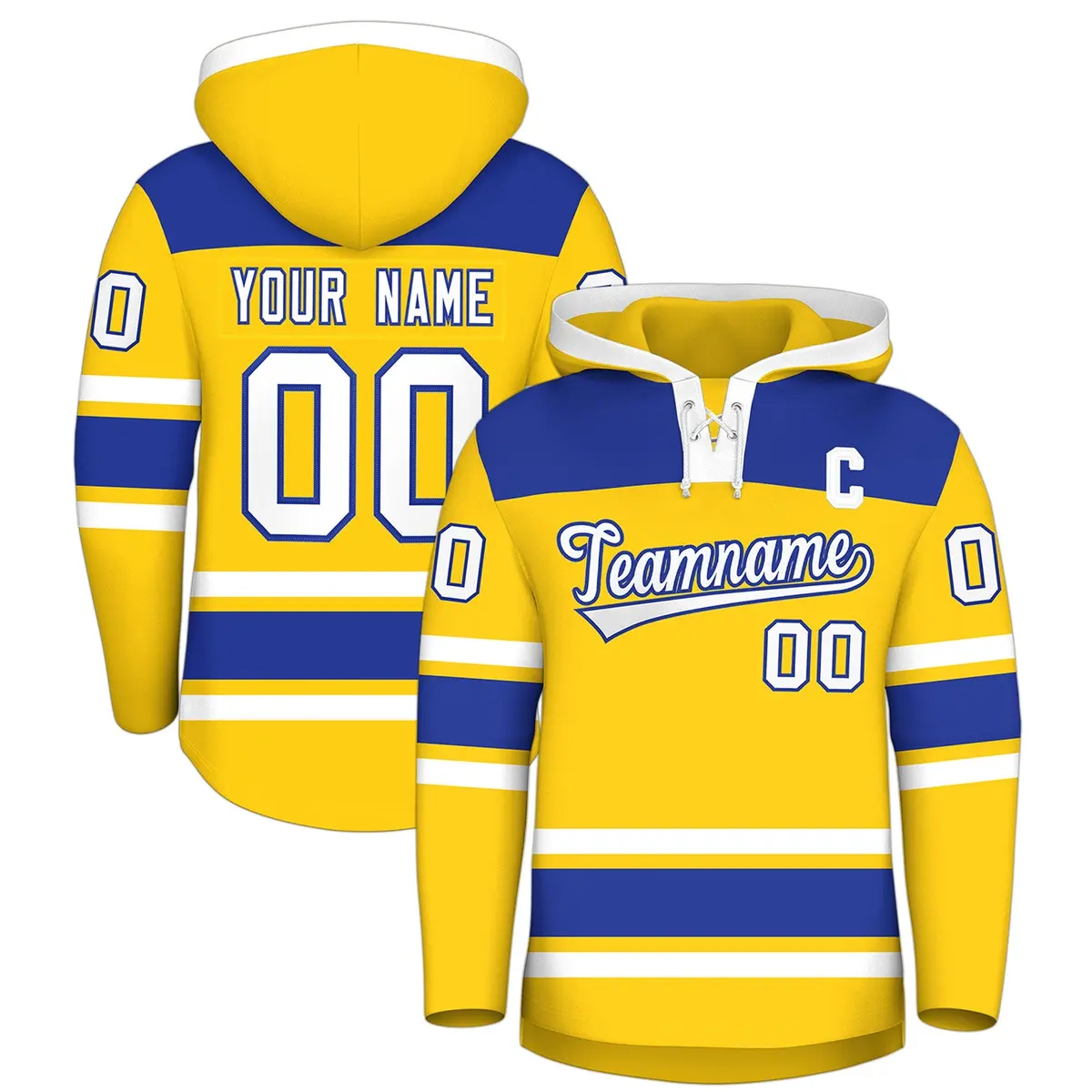 Gold Royal Blue Lace-Up Neck Raglan Hockey Hoodie Jersey