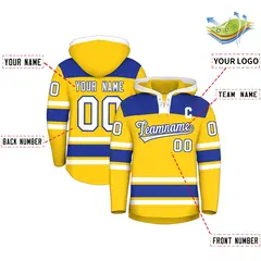 Gold Royal Blue Lace-Up Neck Raglan Hockey Hoodie Jersey 2