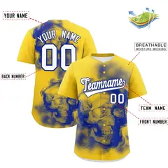 Gold Royal Blue White Skeleton Graffiti Baseball Jersey 2