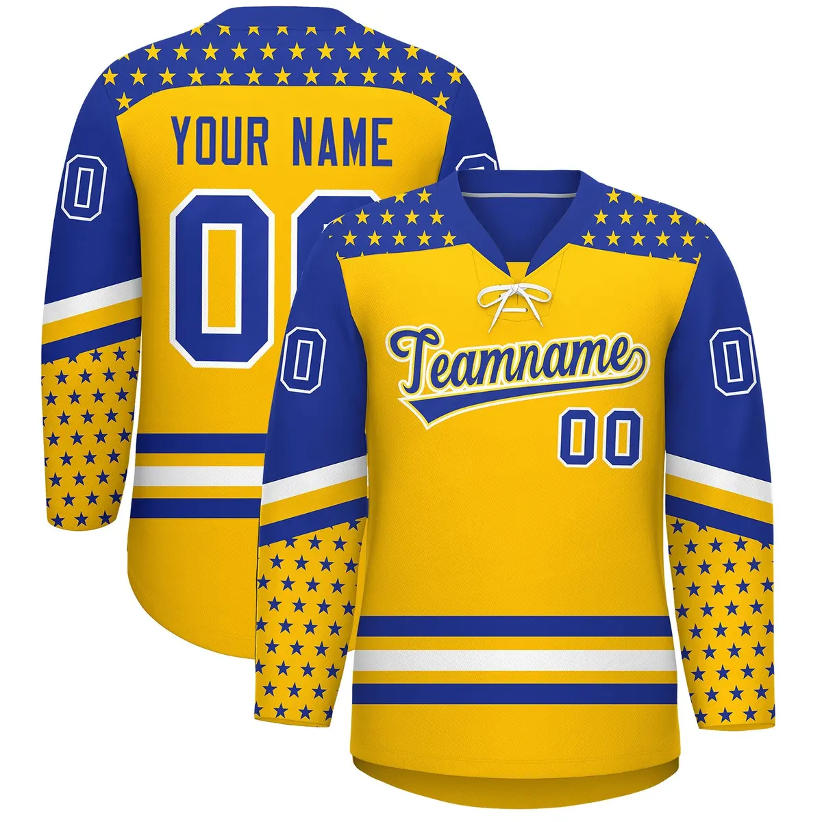 Gold Royal Blue White Star Series Lace-Up Neck Hockey Jersey
