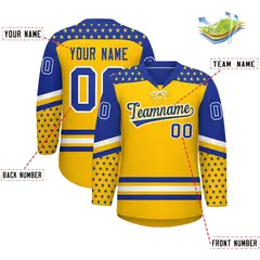 Gold Royal Blue White Star Series Lace-Up Neck Hockey Jersey 2