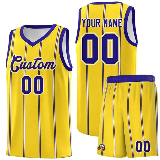 Gold Royal Blue White Vertical Stripes Basketball Jersey Set