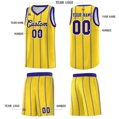 Gold Royal Blue White Vertical Stripes Basketball Jersey Set 5
