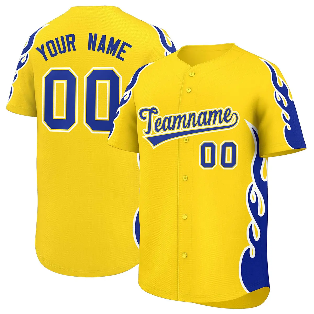 Gold Royal Flame Outline Side Pattern Baseball Jersey