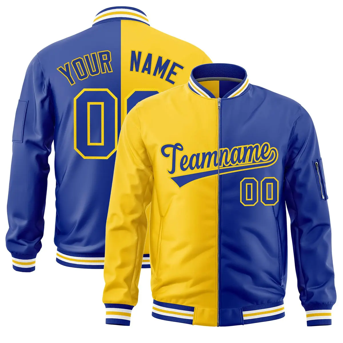 Gold Royal Split Two Tone Full-Zip Letterman Bomber Jacket