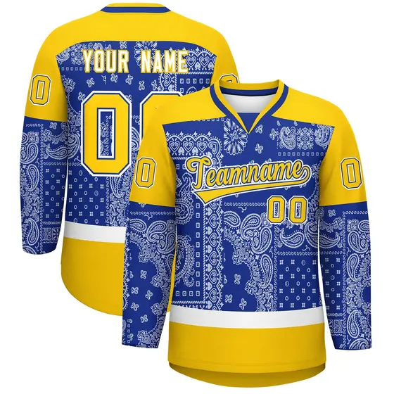 Gold Royal White Cashew Flower Graffiti V-Neck Hockey Jersey