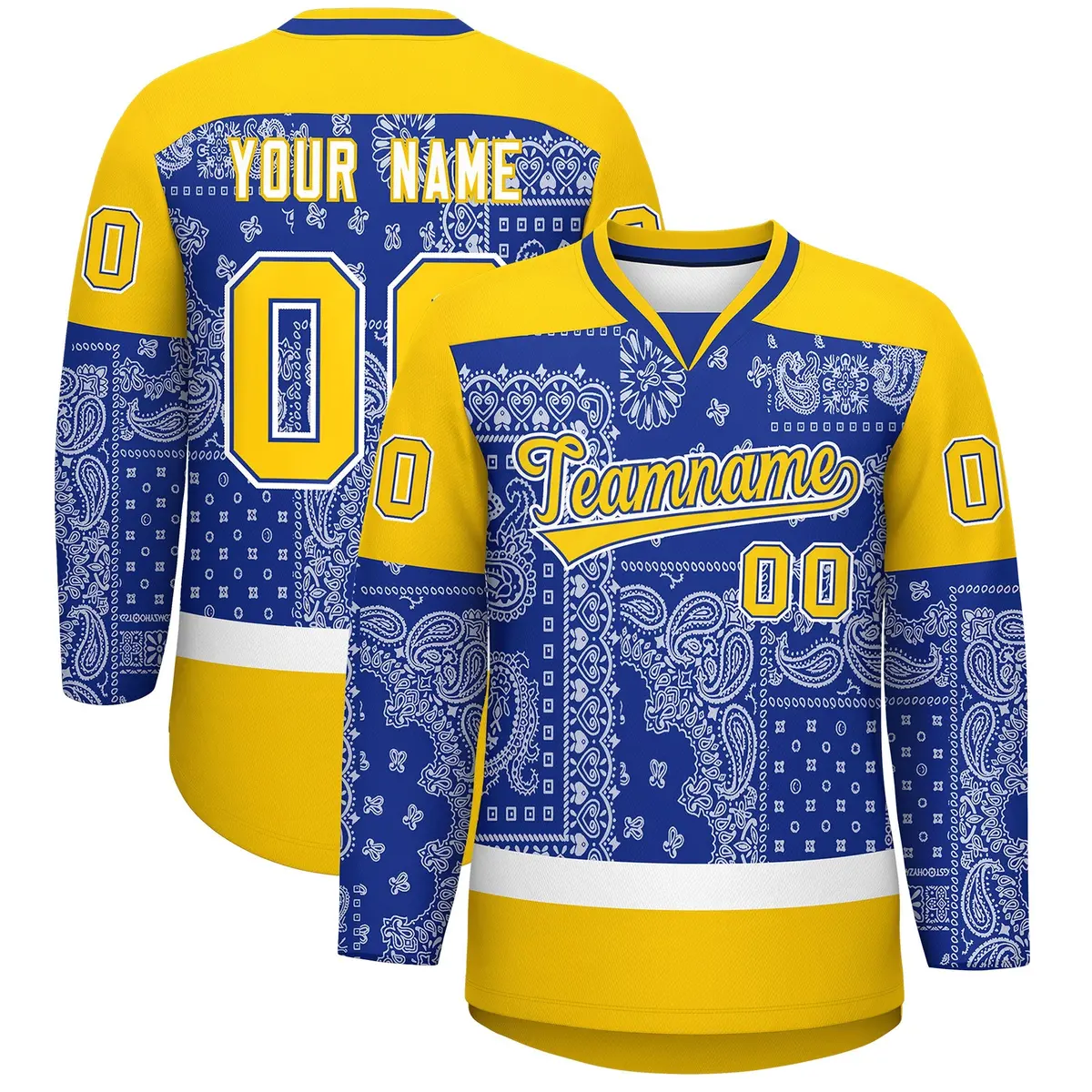 Gold Royal White Cashew Flower Graffiti V-Neck Hockey Jersey