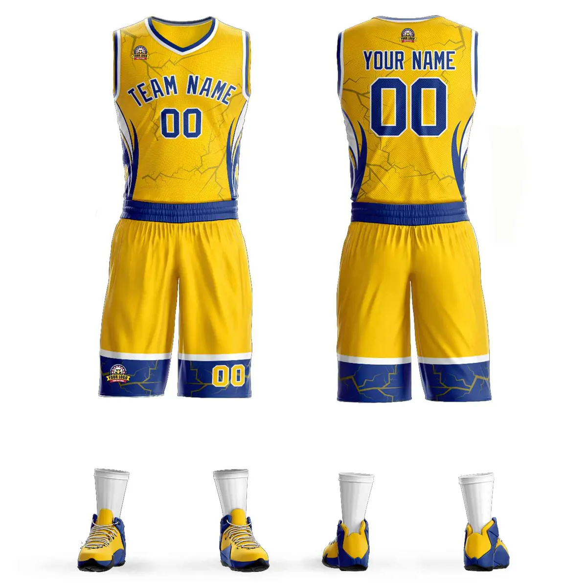 Gold Royal-White Graffiti Pattern Lightning Basketball Jersey