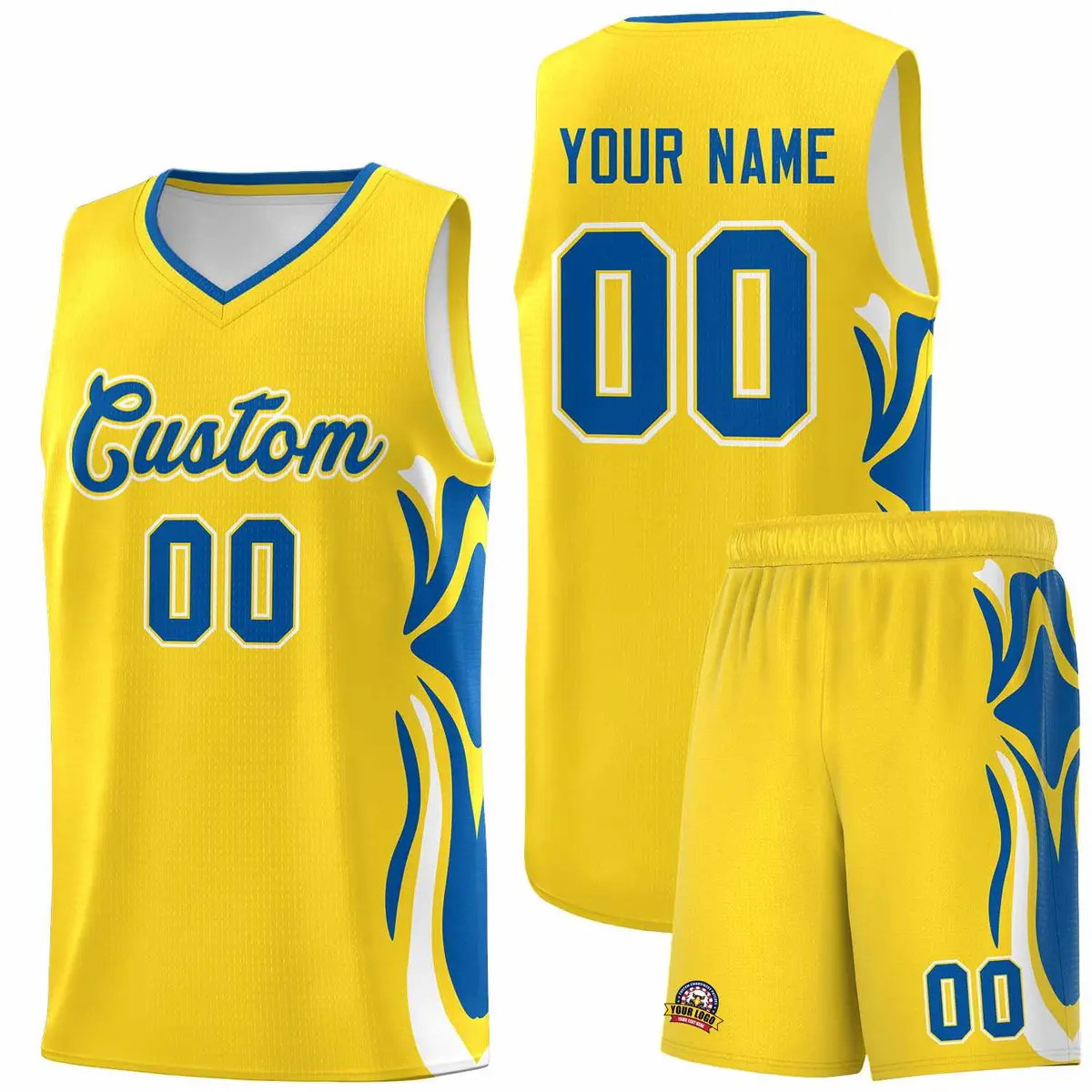 Gold Royal-White Graffiti Side Curve Basketball Jersey Sets