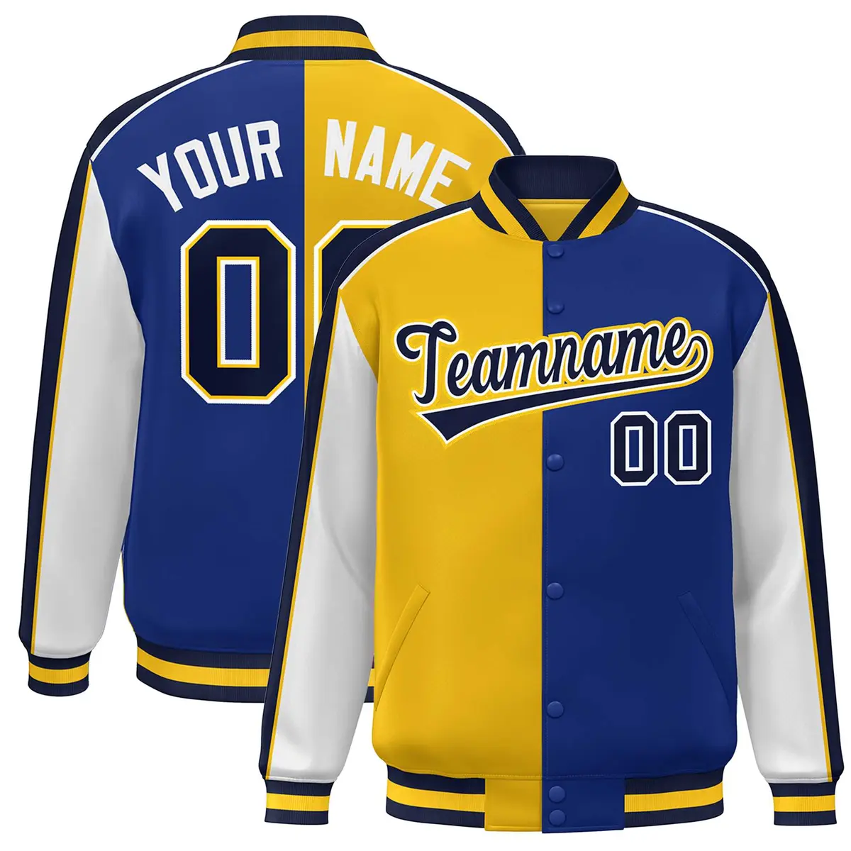 Gold Royal White-Navy Color Block Varsity Full-Snap Baseball Jacket