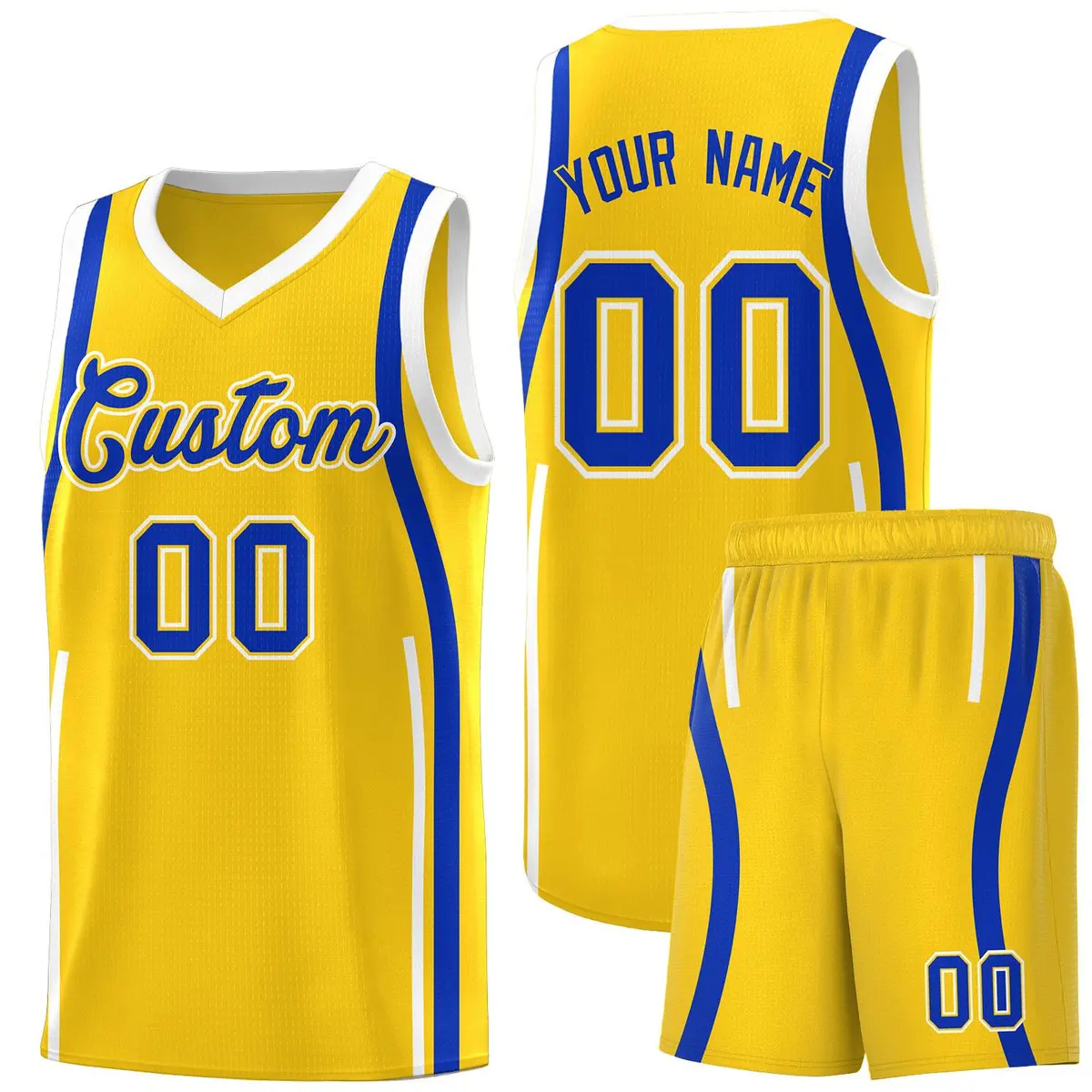 Gold Royal-White Ribbon Pattern Basketball Kits