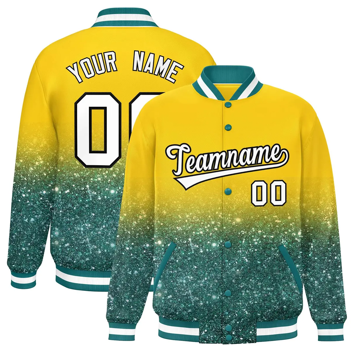Gold Sparkle-Effect Varsity Letterman Baseball Jacket