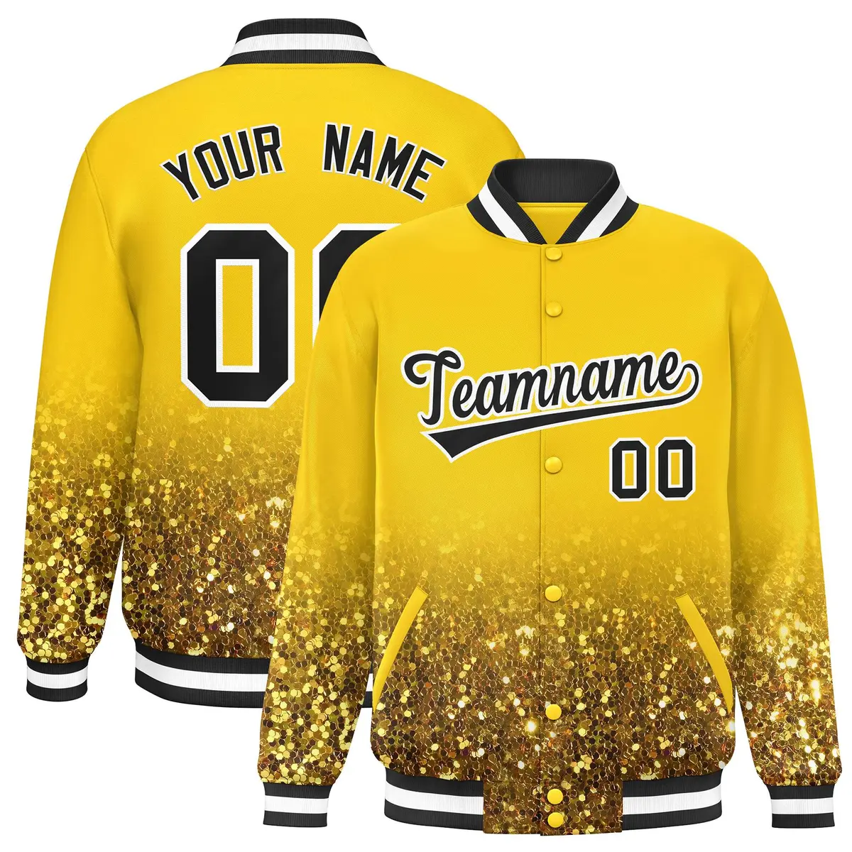 Gold Sparkle-Effect Varsity Letterman Baseball Jacket