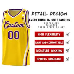 Gold Star Pattern Color Block Shoulders Basketball Jersey 2