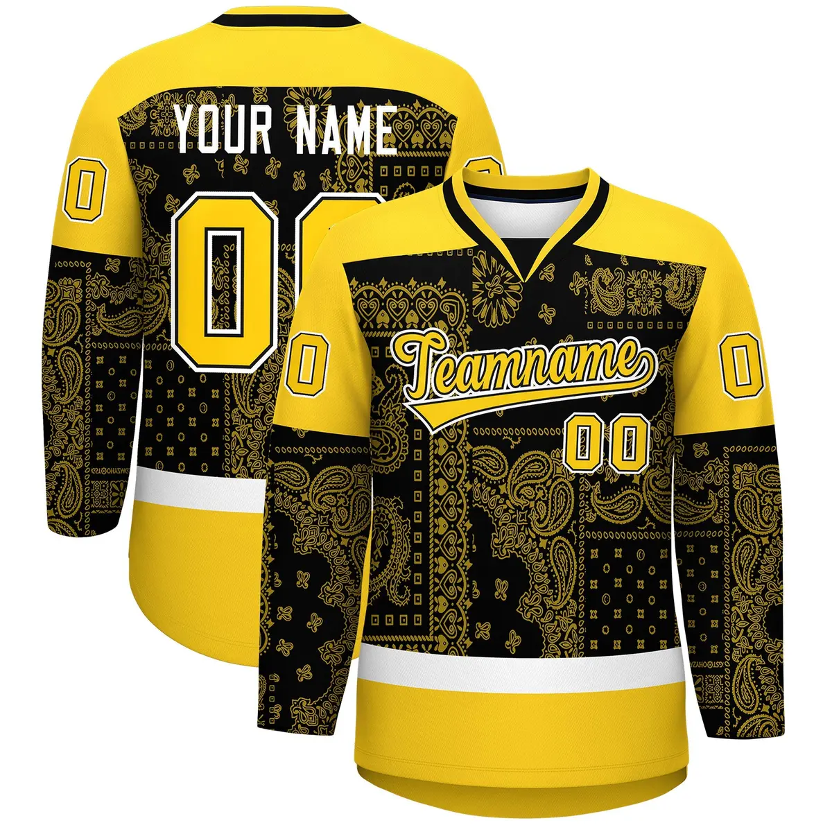 Gold White Black Cashew Flower Graffiti V-Neck Hockey Jersey