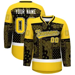 Gold White Black Cashew Flower Graffiti V-Neck Hockey Jersey