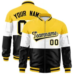 Gold White-Black Color Block Varsity Letterman Bomber Jacket 1