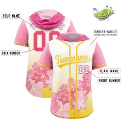 Gold White Cherry Blossoms Raglan Hooded Baseball Jersey 2