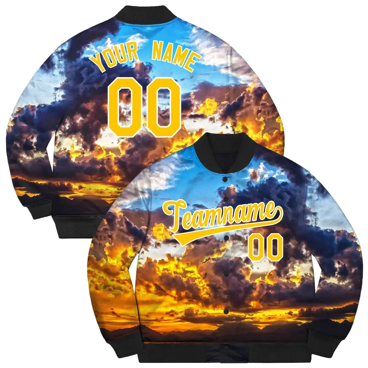 Gold White Clouds Graffiti Bomber Varsity Full-Snap Jacket