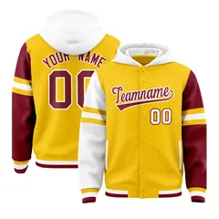 Gold White-Crimson Three Stripes Raglan Full-Snap Varsity Letterman Hoodie