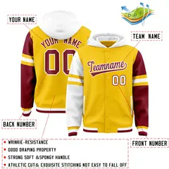 Gold White-Crimson Three Stripes Raglan Full-Snap Varsity Letterman Hoodie 4