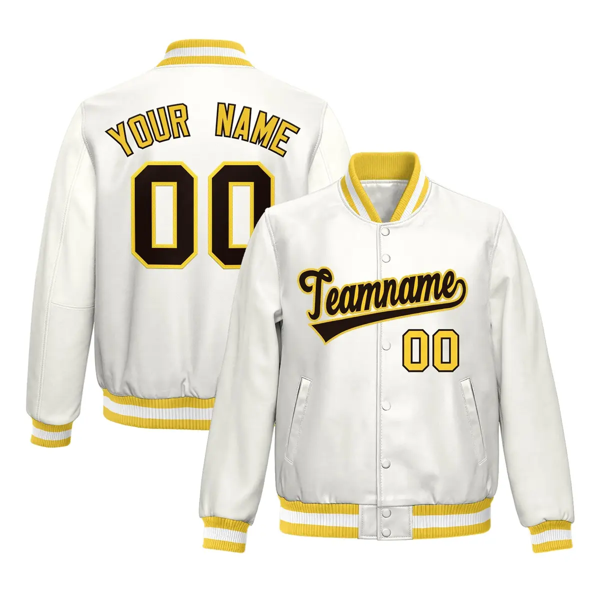 Gold White Full-Snap Varsity Faux Leather Letterman Jacket