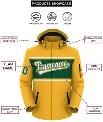 Gold White-Green Color Block Hooded Waterproof Jacket 2