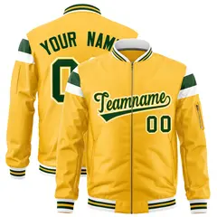 Gold White Green Full-Zip Shoulder Block Varsity Letterman Bomber Jacket