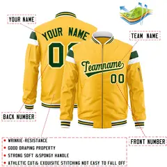 Gold White Green Full-Zip Shoulder Block Varsity Letterman Bomber Jacket 2