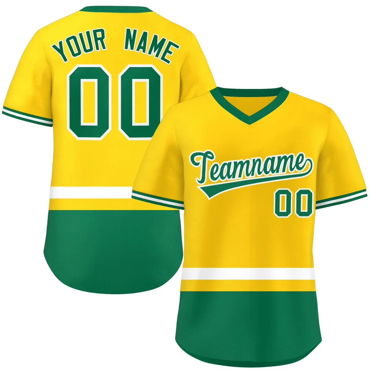 Gold White-Kelly Green Color Block V-Neck Baseball Jersey