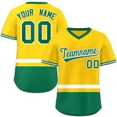Gold White-Kelly Green Color Block V-Neck Baseball Jersey 1