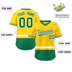 Gold White-Kelly Green Color Block V-Neck Baseball Jersey 2