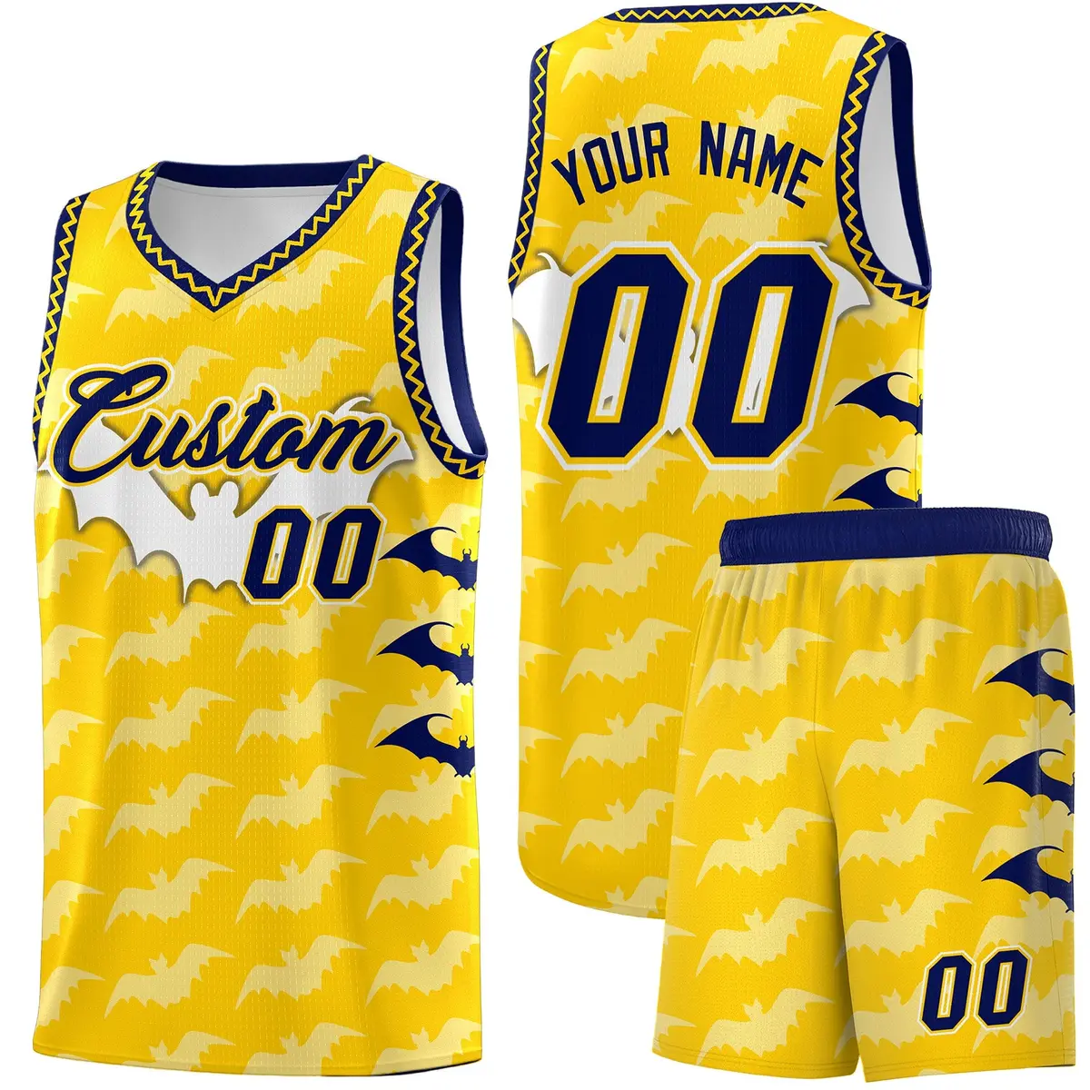 Gold White Navy Bat Pattern Halloween Basketball Jersey