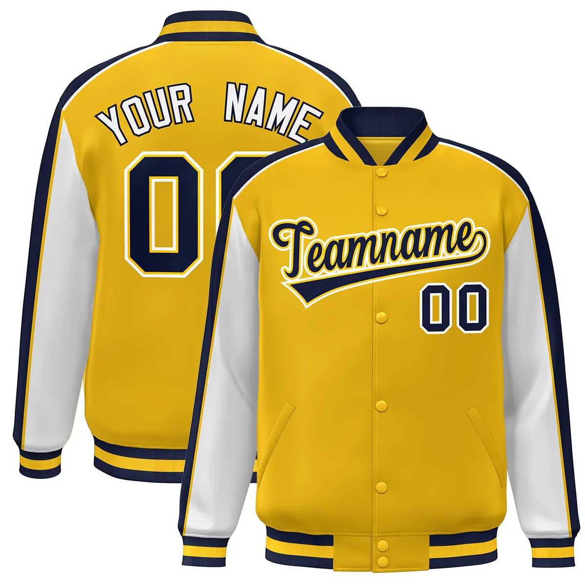 Gold White-Navy Color Block Varsity Full-Snap Baseball Jacket