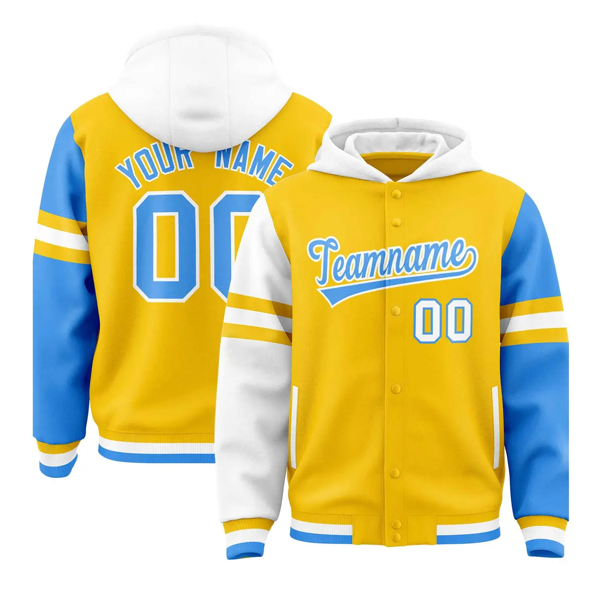 Gold White-Powder Blue Varsity Three Stripes Raglan Jacket Hoodie