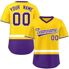 Gold White-Purple Color Block V-Neck Baseball Jersey 1