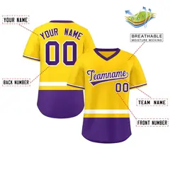 Gold White-Purple Color Block V-Neck Baseball Jersey 2