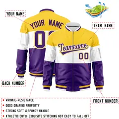 Gold White-Purple Color Block Varsity Letterman Bomber Jacket 2