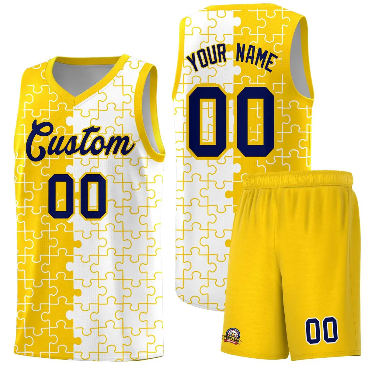Gold White Puzzle Pattern Splid Basketball Kits