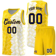 Gold White Puzzle Pattern Splid Basketball Kits 1