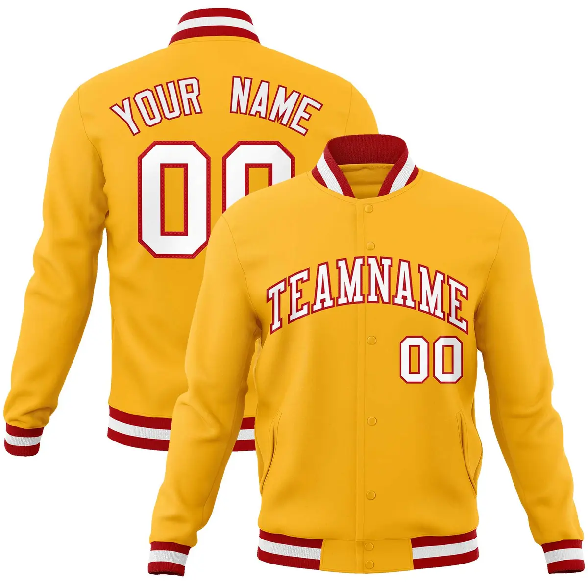 Gold White-Red Classic Varsity Full-Snap Letterman Jacket